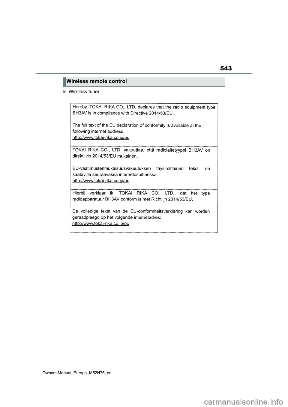 TOYOTA YARIS CROSS 2023  Owners Manual 543
Owners Manual_Europe_M52N75_en
Wireless tuner
Wireless remote control 