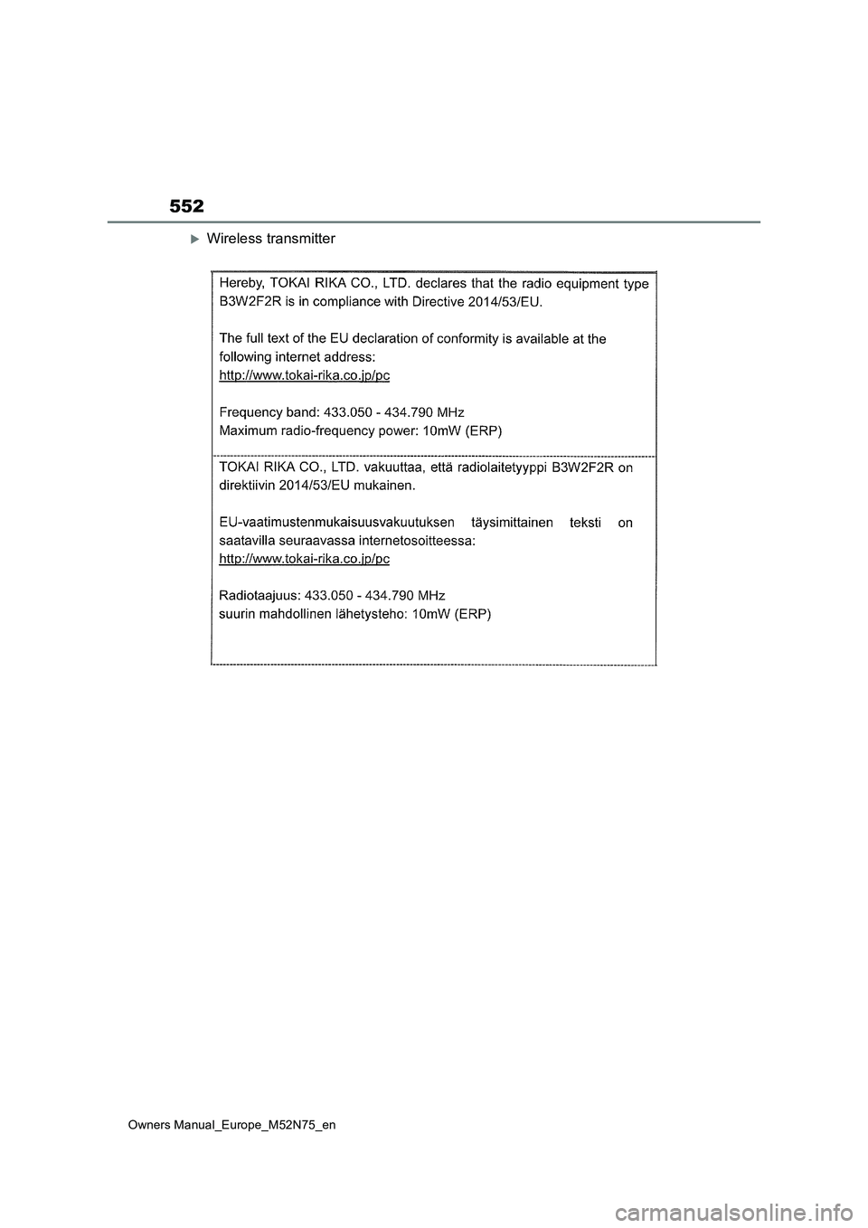 TOYOTA YARIS CROSS 2023  Owners Manual 552
Owners Manual_Europe_M52N75_en
Wireless transmitter 