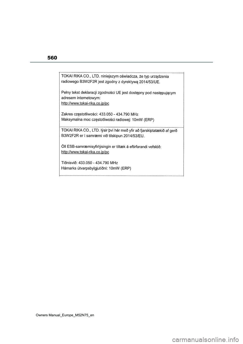 TOYOTA YARIS CROSS 2023  Owners Manual 560
Owners Manual_Europe_M52N75_en 