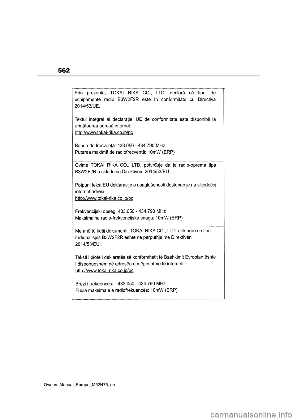 TOYOTA YARIS CROSS 2023  Owners Manual 562
Owners Manual_Europe_M52N75_en 