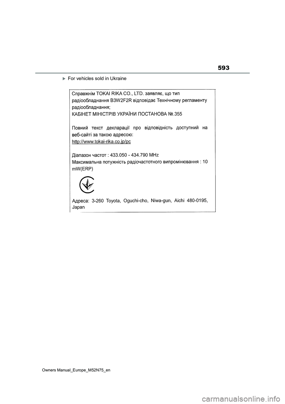 TOYOTA YARIS CROSS 2023  Owners Manual 593
Owners Manual_Europe_M52N75_en
For vehicles sold in Ukraine 