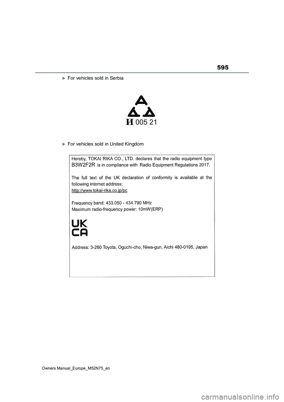 TOYOTA YARIS CROSS 2023  Owners Manual 595
Owners Manual_Europe_M52N75_en
For vehicles sold in Serbia
For vehicles sold in United Kingdom 