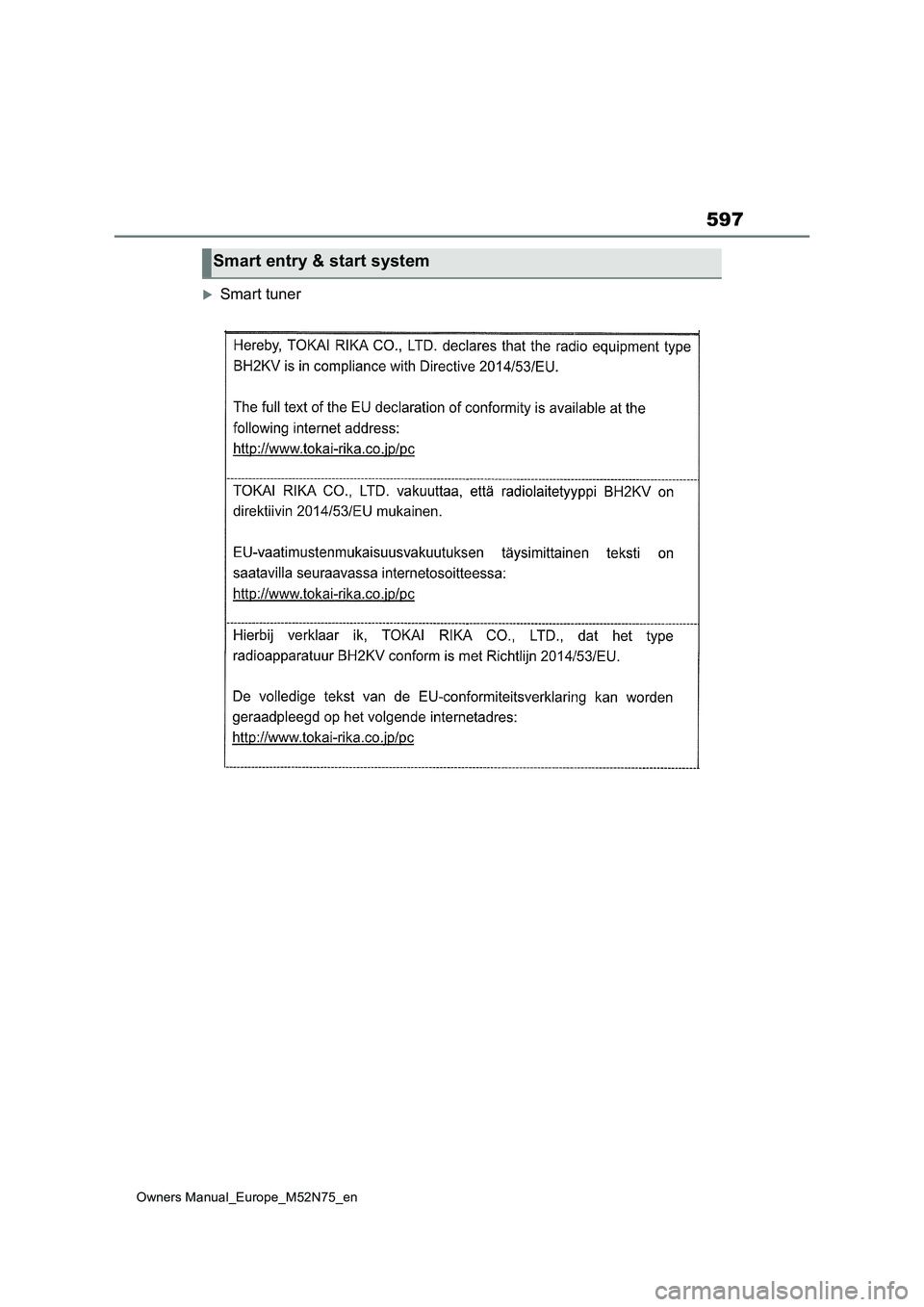 TOYOTA YARIS CROSS 2023  Owners Manual 597
Owners Manual_Europe_M52N75_en
Smart tuner
Smart entry & start system 