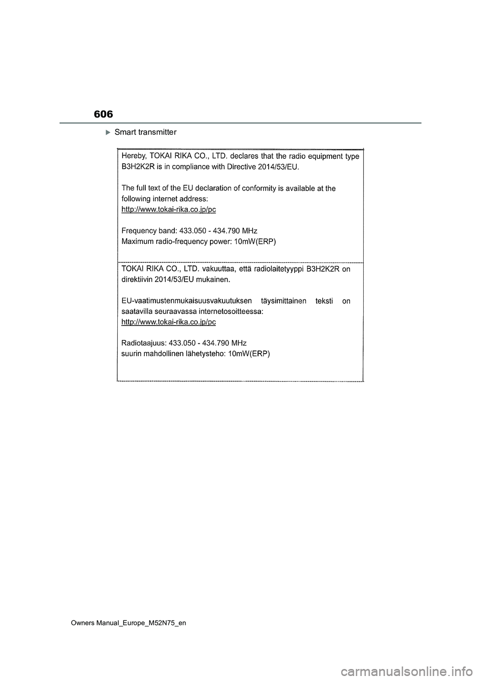 TOYOTA YARIS CROSS 2023  Owners Manual 606
Owners Manual_Europe_M52N75_en
Smart transmitter 
