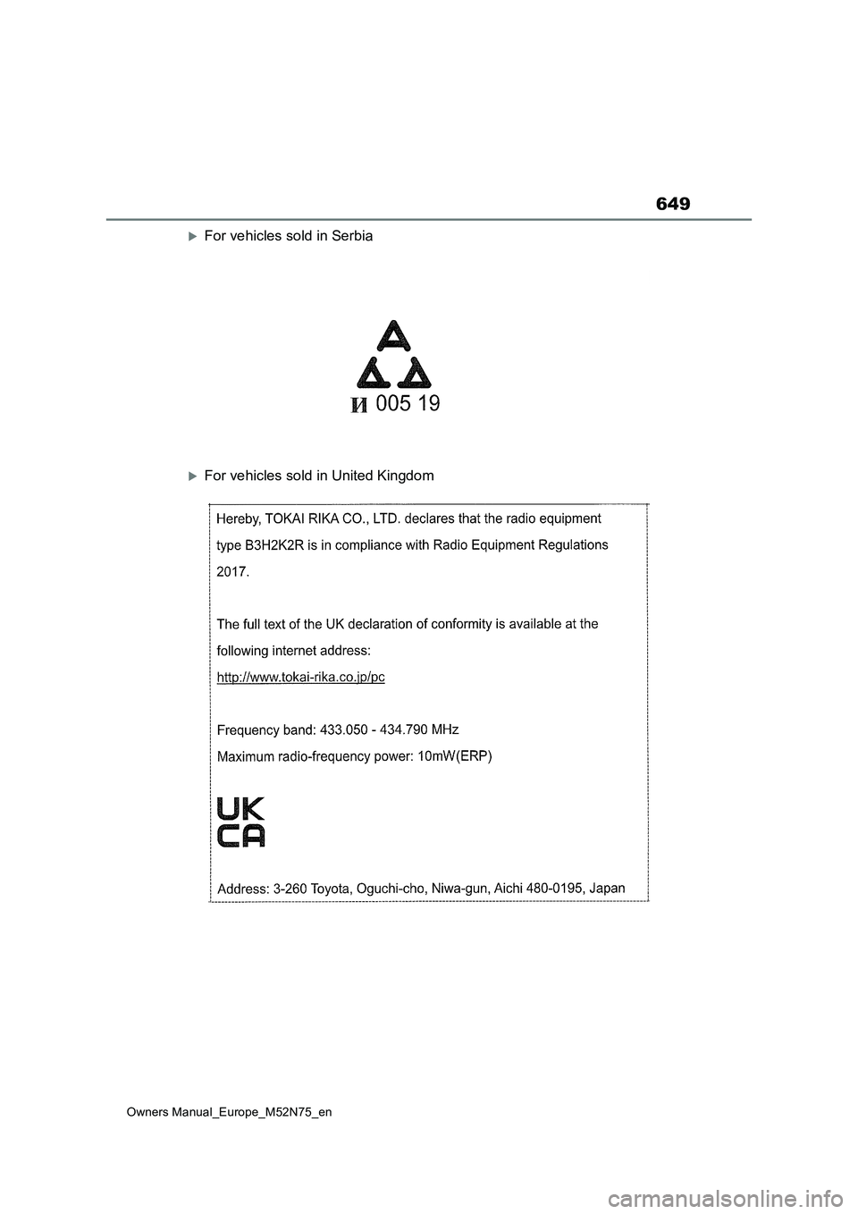 TOYOTA YARIS CROSS 2023  Owners Manual 649
Owners Manual_Europe_M52N75_en
For vehicles sold in Serbia
For vehicles sold in United Kingdom 