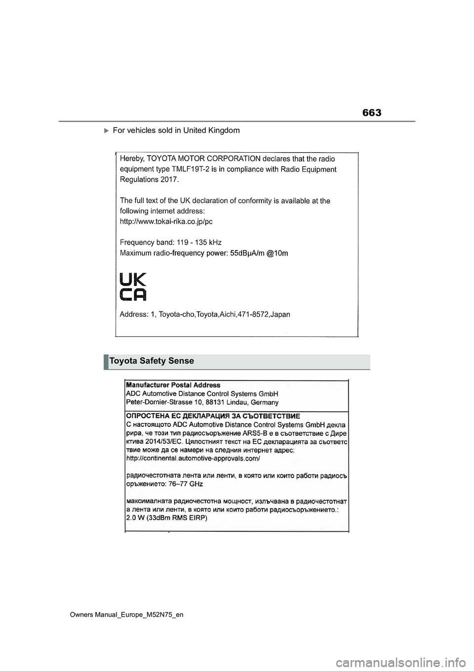 TOYOTA YARIS CROSS 2023  Owners Manual 663
Owners Manual_Europe_M52N75_en
For vehicles sold in United Kingdom
Toyota Safety Sense 