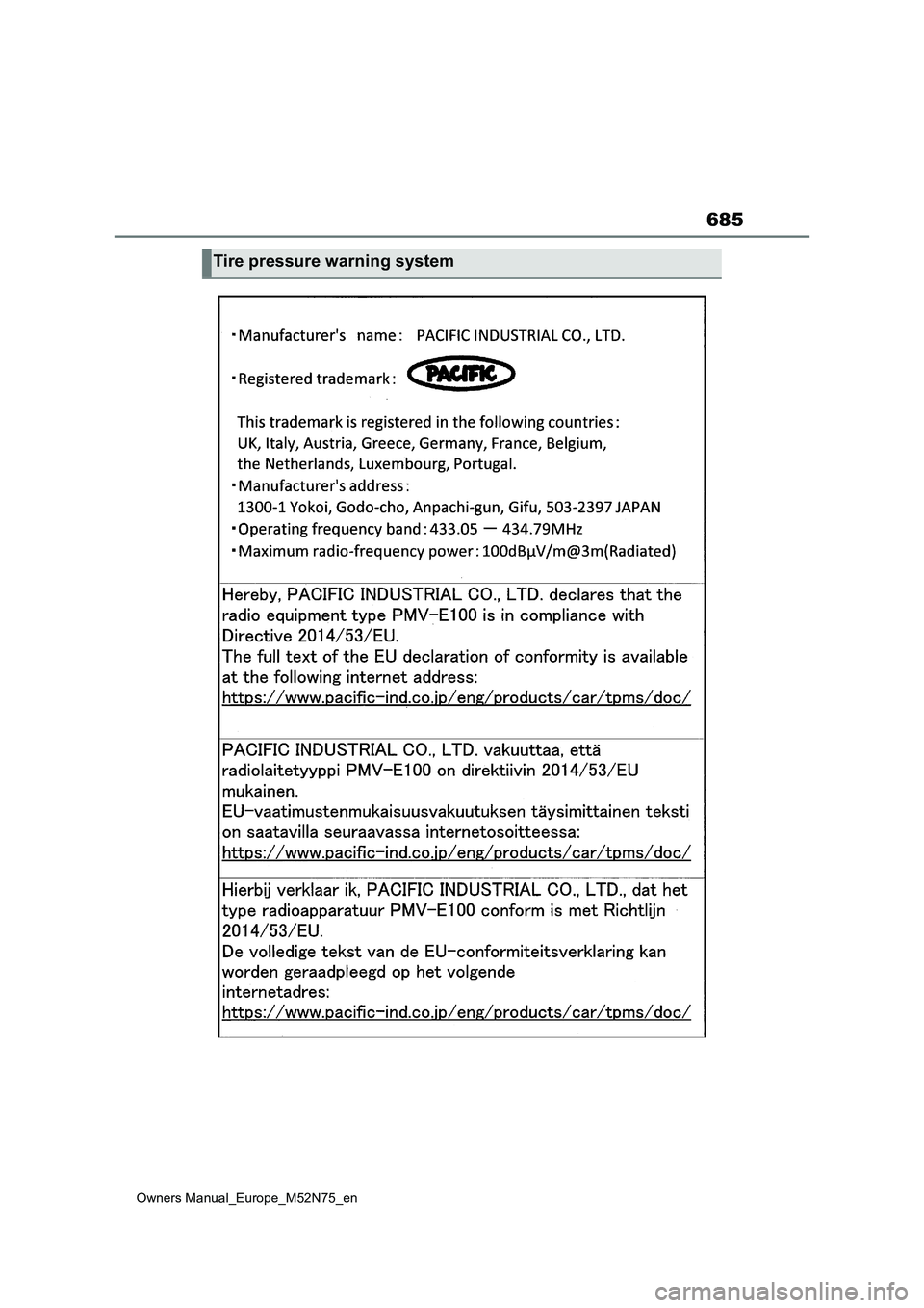 TOYOTA YARIS CROSS 2023  Owners Manual 685
Owners Manual_Europe_M52N75_en
Tire pressure warning system 