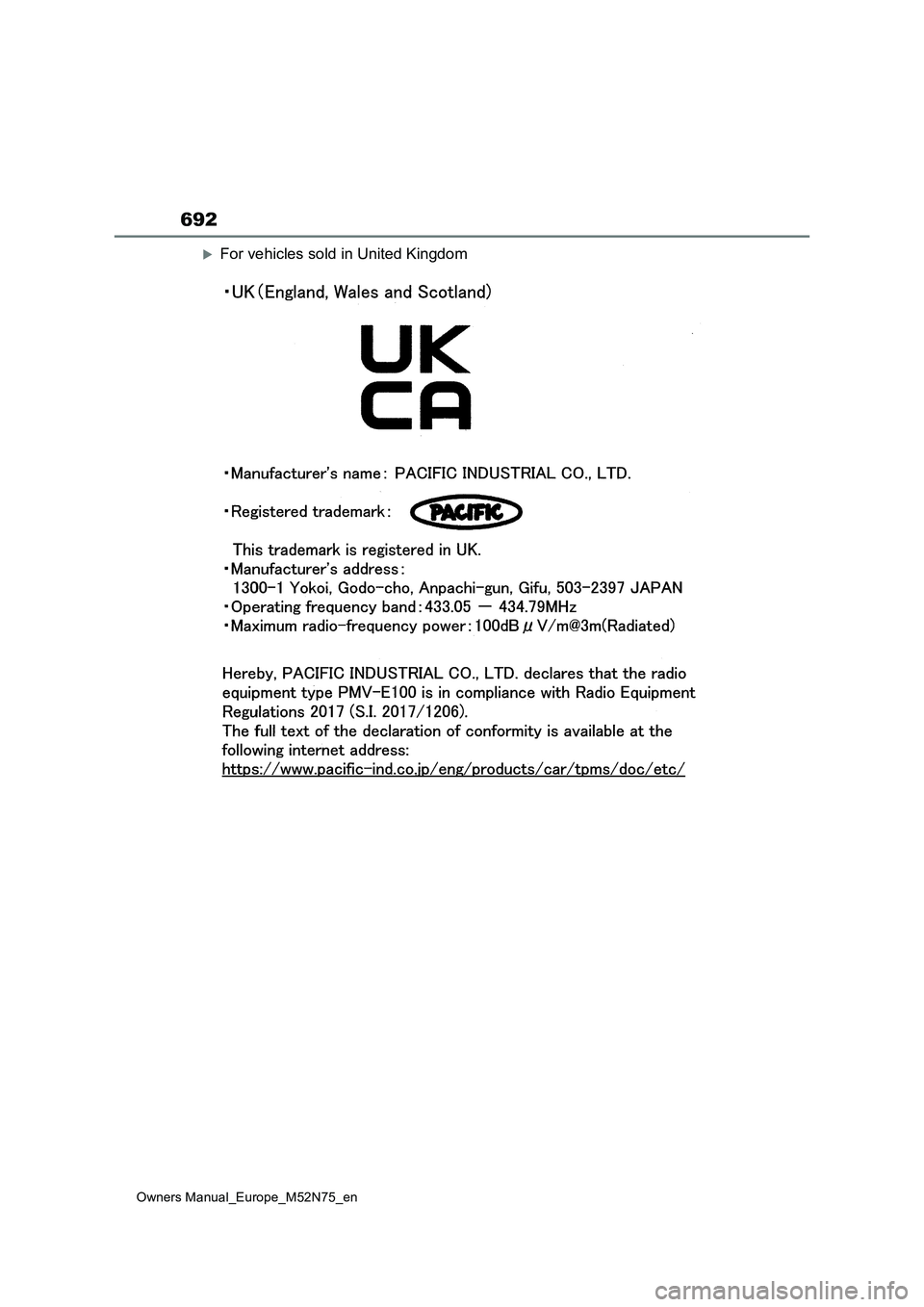 TOYOTA YARIS CROSS 2023  Owners Manual 692
Owners Manual_Europe_M52N75_en
For vehicles sold in United Kingdom 