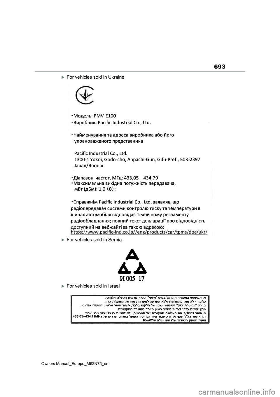 TOYOTA YARIS CROSS 2023  Owners Manual 693
Owners Manual_Europe_M52N75_en
For vehicles sold in Ukraine
For vehicles sold in Serbia
For vehicles sold in Israel 