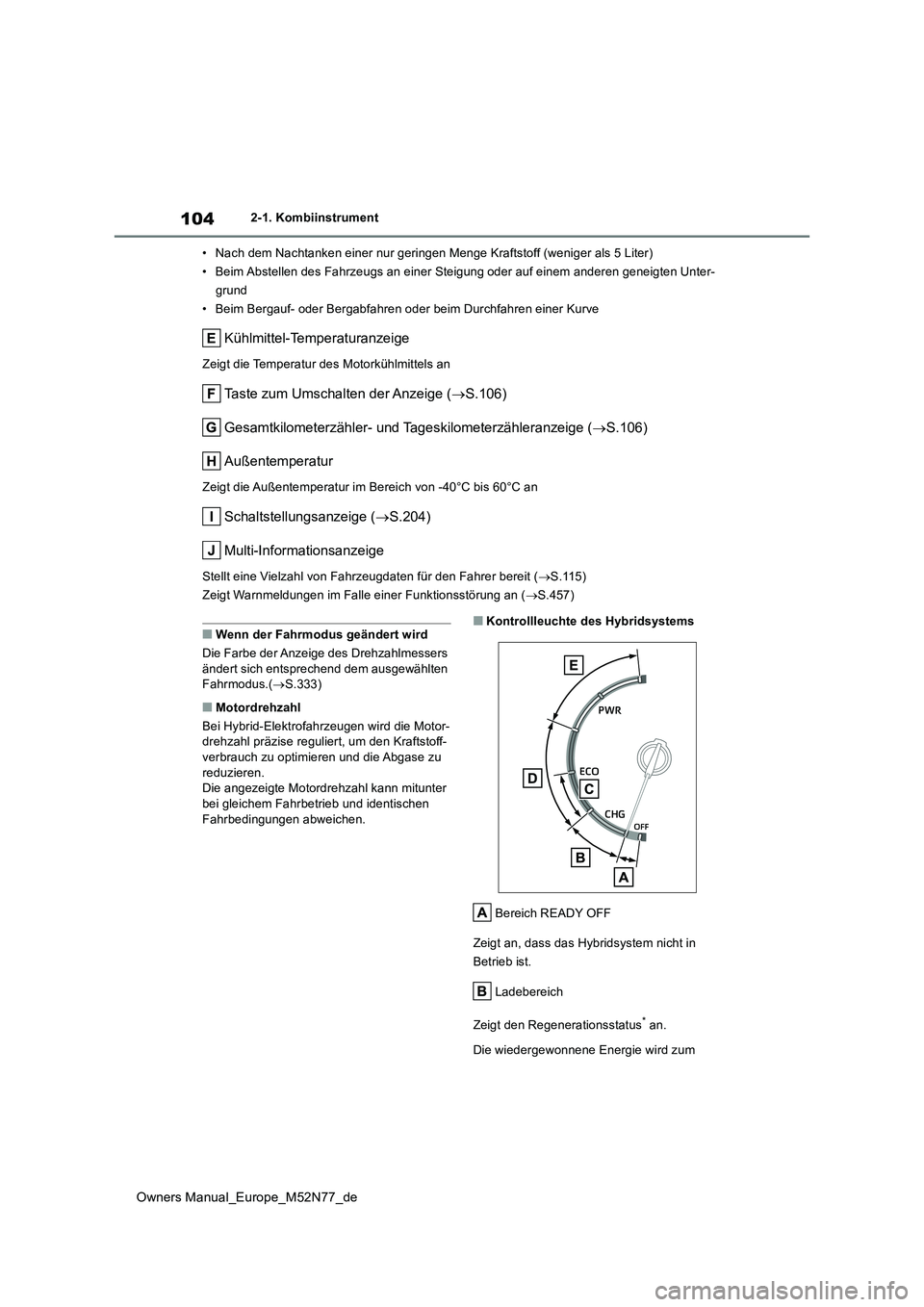 TOYOTA YARIS CROSS 2023  Betriebsanleitungen (in German) 104
Owners Manual_Europe_M52N77_de
2-1. Kombiinstrument 
• Nach dem Nachtanken einer nur geringen Menge Kraftstoff (wenig er als 5 Liter) 
• Beim Abstellen des Fahrzeugs an einer Steigung oder auf