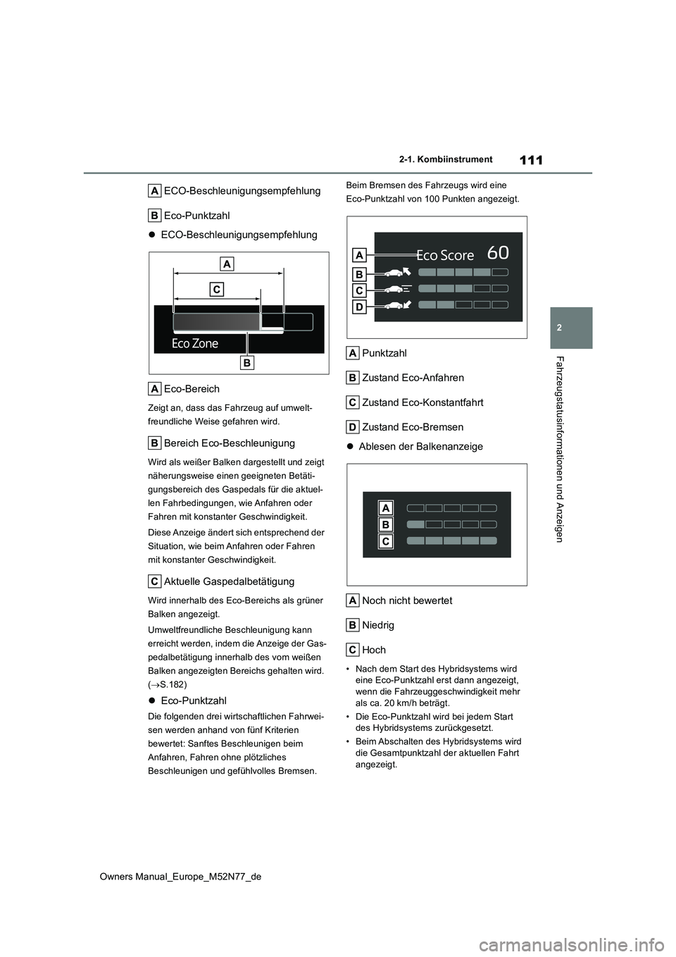 TOYOTA YARIS CROSS 2023  Betriebsanleitungen (in German) 111
2
Owners Manual_Europe_M52N77_de
2-1. Kombiinstrument
Fahrzeugstatusinformationen und Anzeigen
ECO-Beschleunigungsempfehlung 
Eco-Punktzahl 
 ECO-Beschleunigungsempfehlung 
Eco-Bereich
Zeigt an