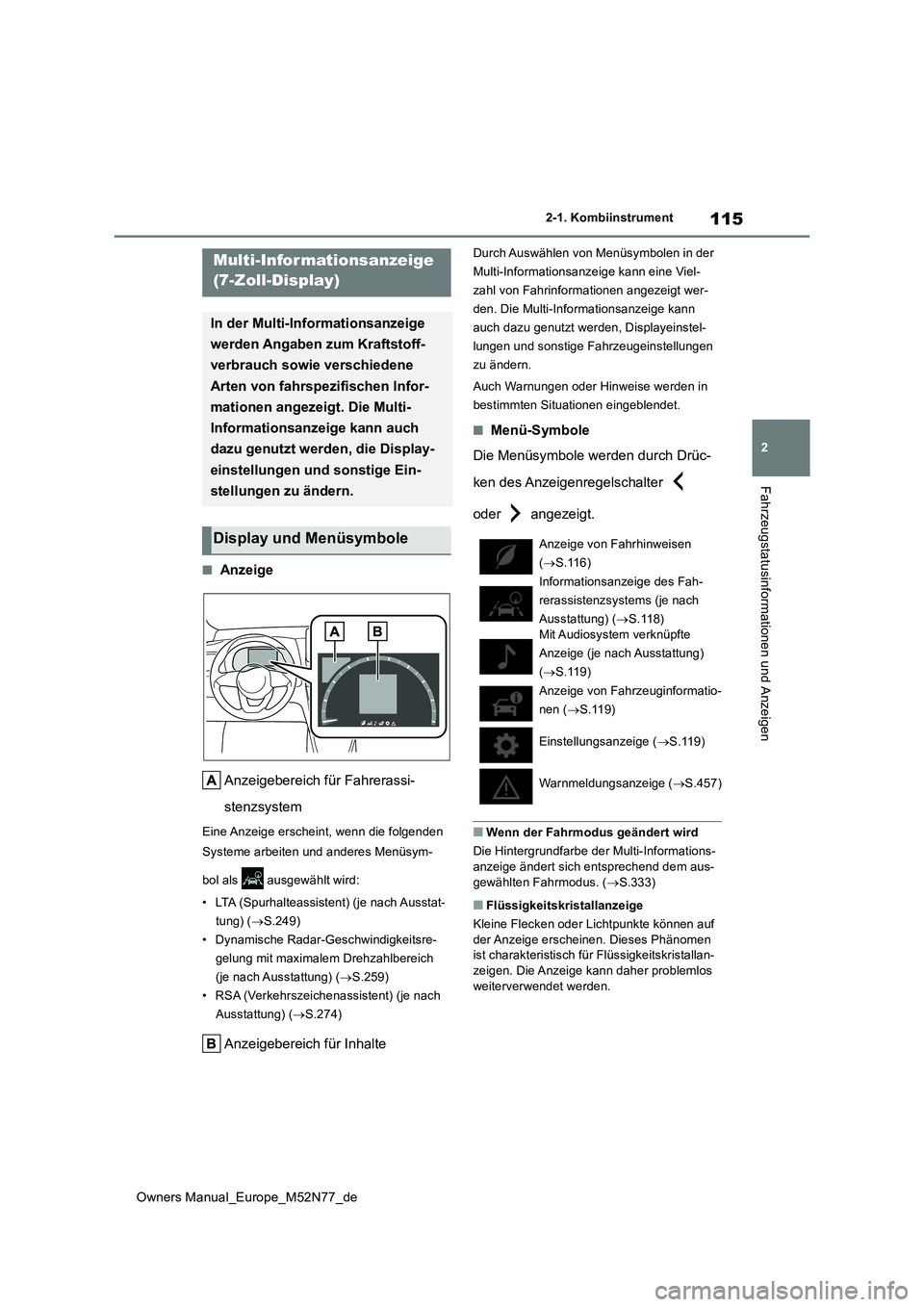 TOYOTA YARIS CROSS 2023  Betriebsanleitungen (in German) 115
2
Owners Manual_Europe_M52N77_de
2-1. Kombiinstrument
Fahrzeugstatusinformationen und Anzeigen
■Anzeige 
Anzeigebereich für Fahrerassi- 
stenzsystem
Eine Anzeige erscheint, wenn die folgenden  