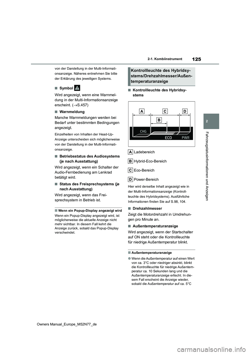 TOYOTA YARIS CROSS 2023  Betriebsanleitungen (in German) 125
2
Owners Manual_Europe_M52N77_de
2-1. Kombiinstrument
Fahrzeugstatusinformationen und Anzeigen
von der Darstellung in der Multi-Informati- 
onsanzeige. Näheres entnehmen Sie bitte 
der Erklärung