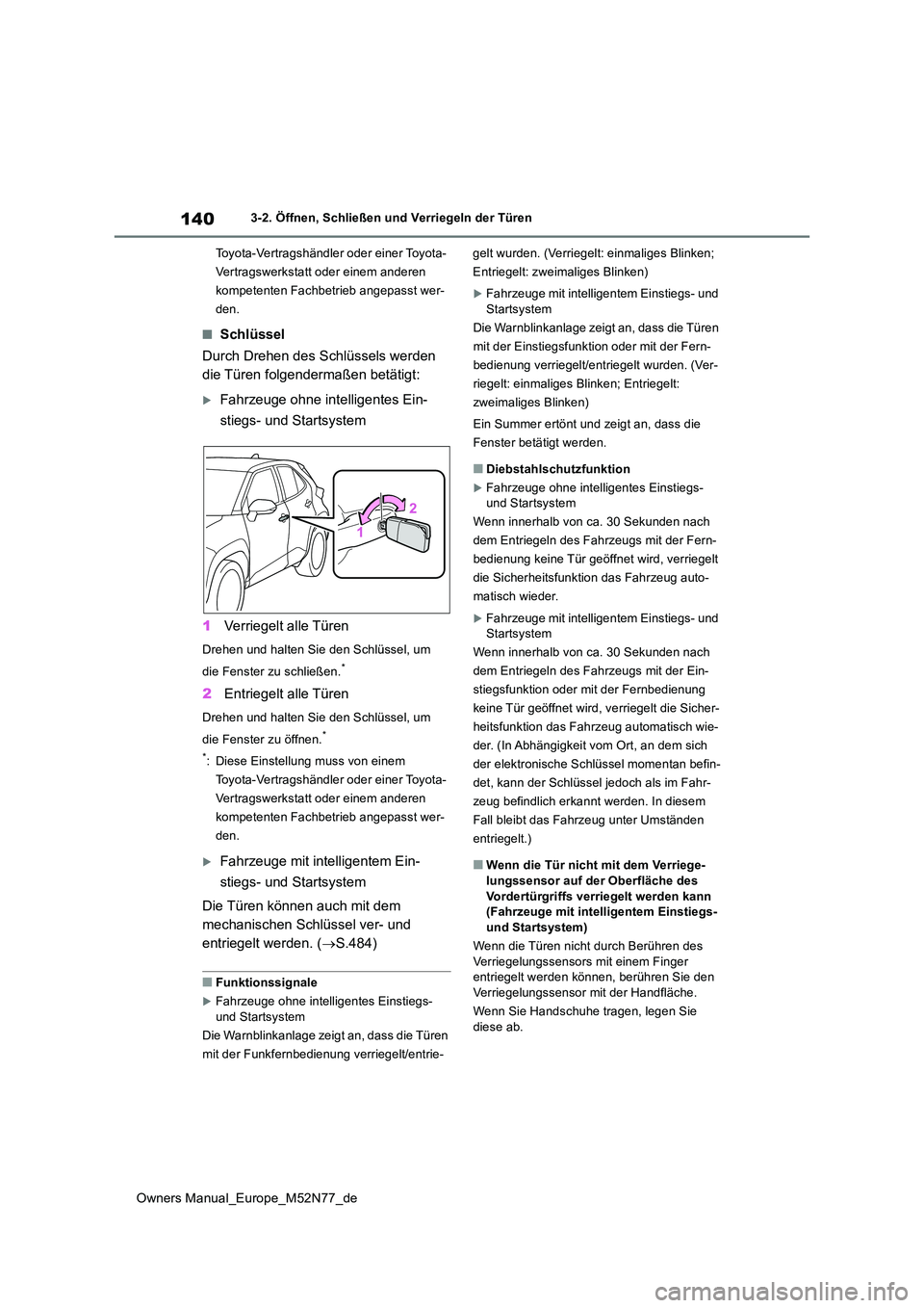 TOYOTA YARIS CROSS 2023  Betriebsanleitungen (in German) 140
Owners Manual_Europe_M52N77_de
3-2. Öffnen, Schließen und Verriegeln der Türen 
Toyota-Vertragshändler oder einer Toyota- 
Vertragswerkstatt oder einem anderen 
kompetenten Fachbetrieb angepas