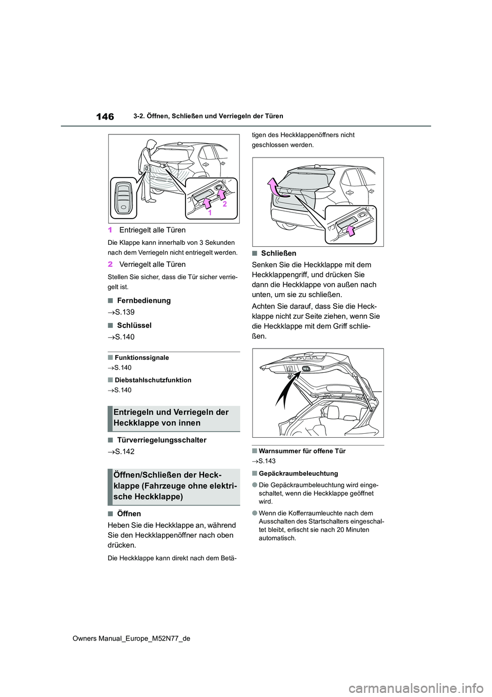 TOYOTA YARIS CROSS 2023  Betriebsanleitungen (in German) 146
Owners Manual_Europe_M52N77_de
3-2. Öffnen, Schließen und Verriegeln der Türen
1Entriegelt alle Türen
Die Klappe kann innerhalb von 3 Sekunden  
nach dem Verriegeln nicht entriegelt werden.
2 