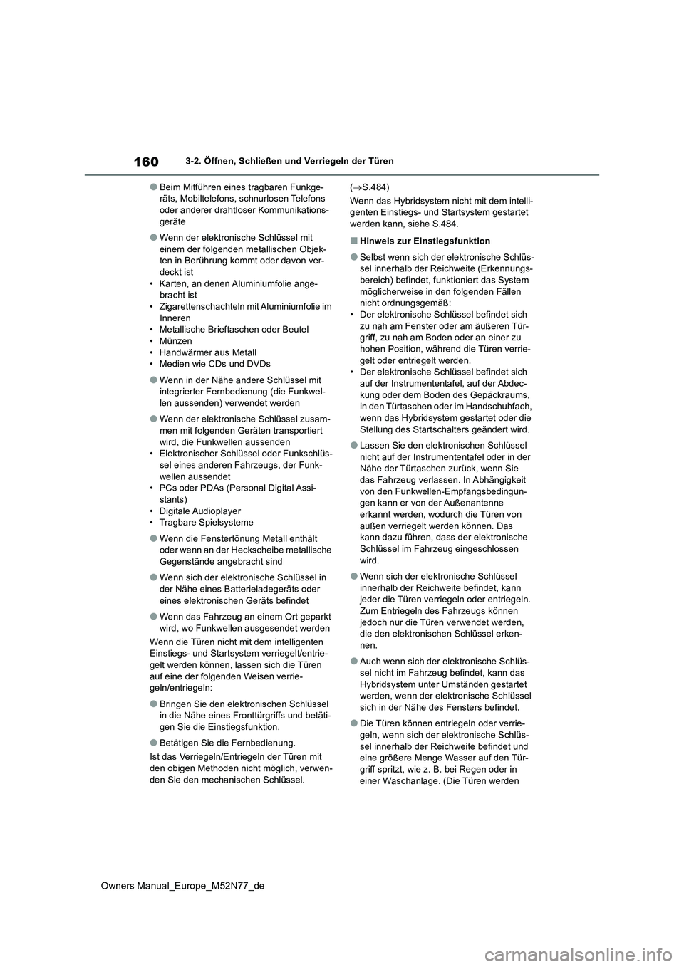 TOYOTA YARIS CROSS 2023  Betriebsanleitungen (in German) 160
Owners Manual_Europe_M52N77_de
3-2. Öffnen, Schließen und Verriegeln der Türen
●Beim Mitführen eines tragbaren Funkge- räts, Mobiltelefons, schnurlosen Telefons oder anderer drahtloser Komm
