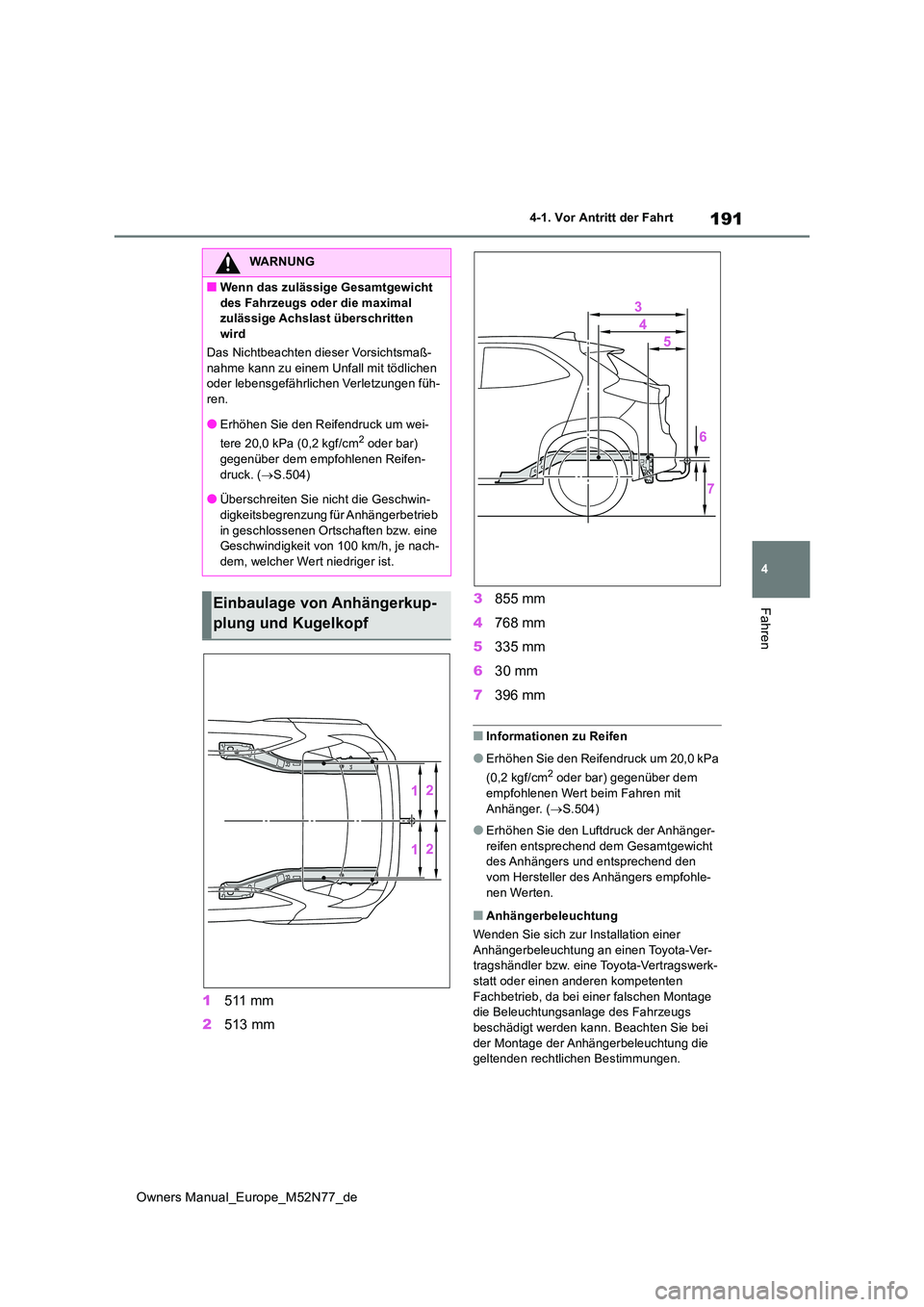 TOYOTA YARIS CROSS 2023  Betriebsanleitungen (in German) 191
4
Owners Manual_Europe_M52N77_de
4-1. Vor Antritt der Fahrt
Fahren
1511 mm 
2 513 mm 
3 855 mm 
4 768 mm 
5 335 mm 
6 30 mm 
7 396 mm
■Informationen zu Reifen
●Erhöhen Sie den Reifendruck um 