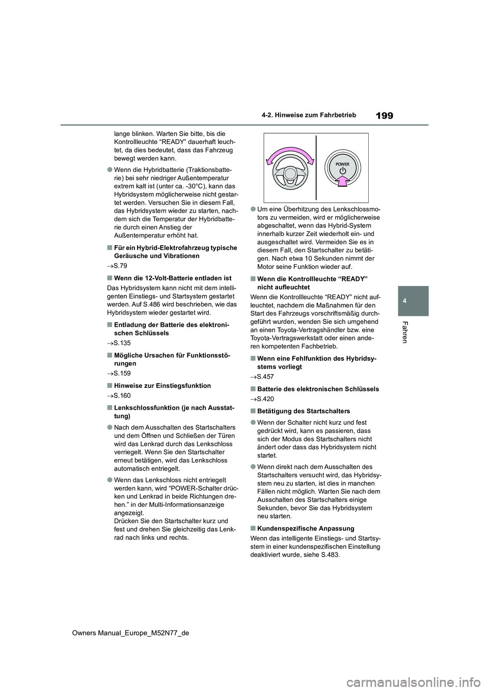 TOYOTA YARIS CROSS 2023  Betriebsanleitungen (in German) 199
4
Owners Manual_Europe_M52N77_de
4-2. Hinweise zum Fahrbetrieb
Fahren
lange blinken. Warten Sie bitte, bis die  Kontrollleuchte “READY” dauerhaft leuch-tet, da dies bedeutet, dass das Fahrzeug