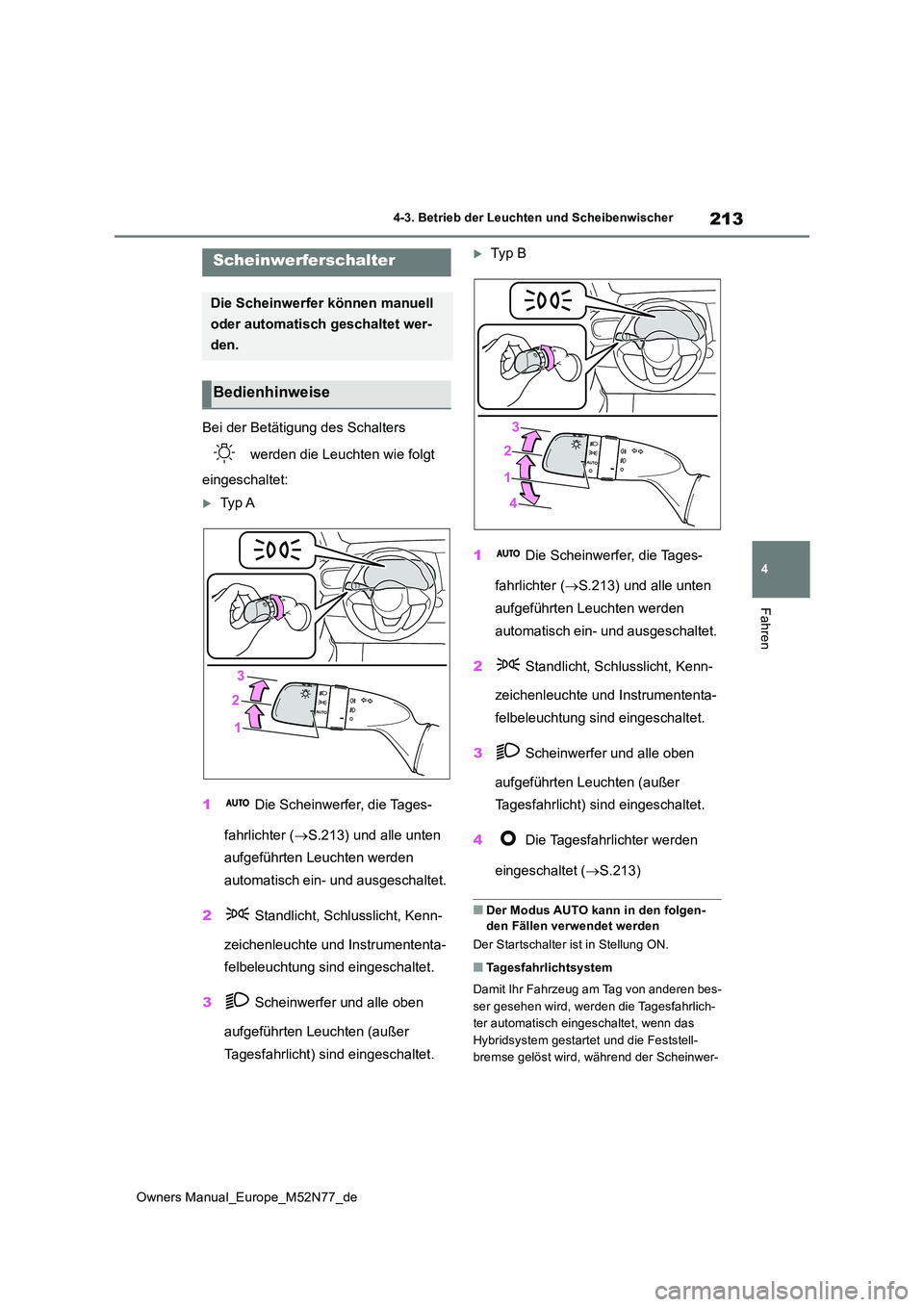 TOYOTA YARIS CROSS 2023  Betriebsanleitungen (in German) 213
4
Owners Manual_Europe_M52N77_de
4-3. Betrieb der Leuchten und Scheibenwischer
Fahren
4-3.Betrieb der L euchten und  Sc heibenwisch er
Bei der Betätigung des Schalters  
 werden die Leuchten wie 