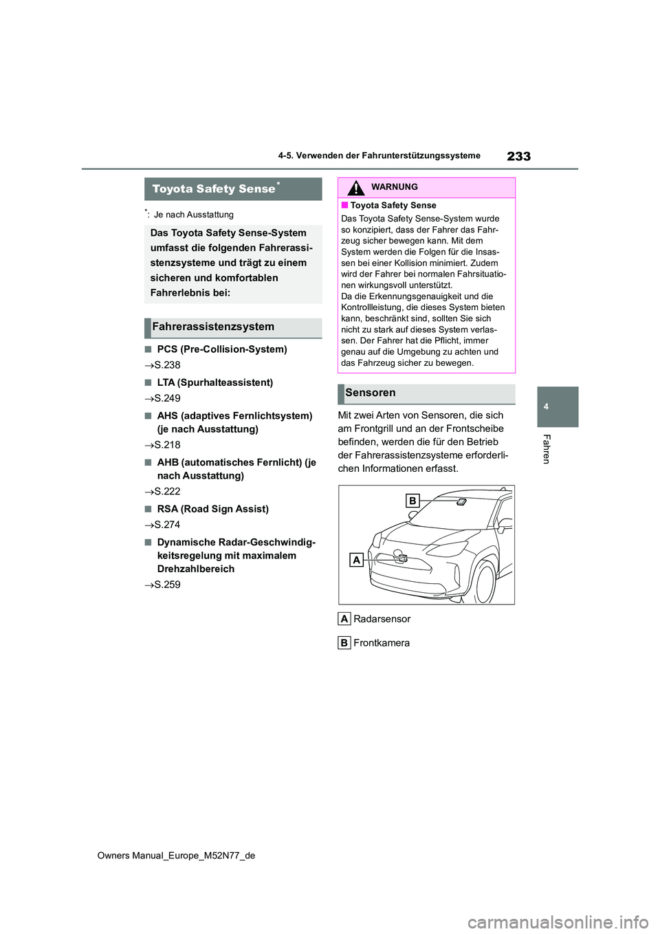 TOYOTA YARIS CROSS 2023  Betriebsanleitungen (in German) 233
4
Owners Manual_Europe_M52N77_de
4-5. Verwenden der Fahrunterstützungssysteme
Fahren
4-5.Verwende n d er Fah runterstü tzungss ysteme
*: Je nach Ausstattung
■PCS (Pre-Collision-System) 
 S.