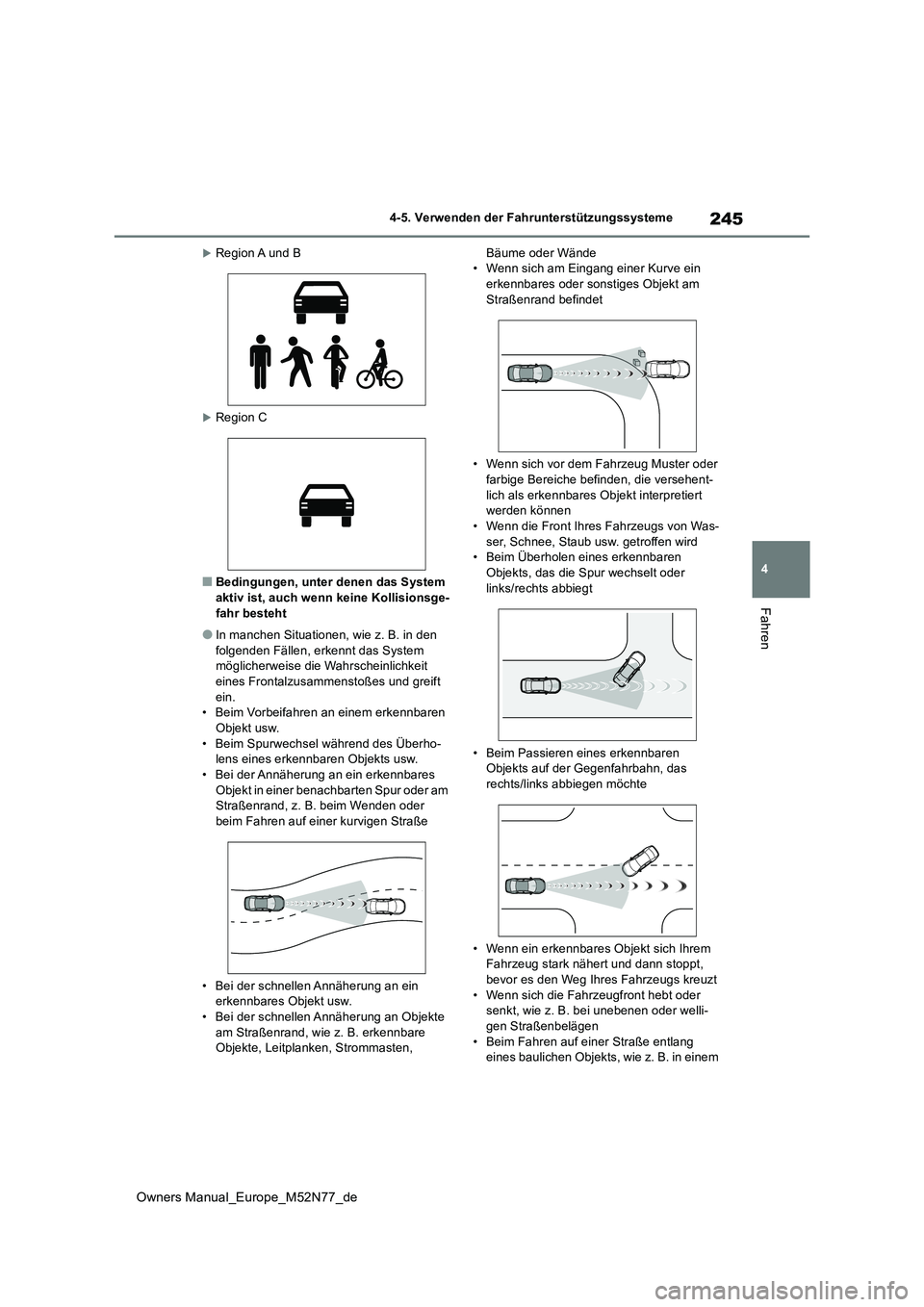 TOYOTA YARIS CROSS 2023  Betriebsanleitungen (in German) 245
4
Owners Manual_Europe_M52N77_de
4-5. Verwenden der Fahrunterstützungssysteme
Fahren
Region A und B
Region C
■Bedingungen, unter denen das System  aktiv ist, auch wenn keine Kollisionsge-