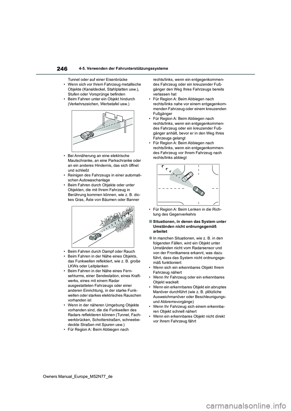 TOYOTA YARIS CROSS 2023  Betriebsanleitungen (in German) 246
Owners Manual_Europe_M52N77_de
4-5. Verwenden der Fahrunterstützungssysteme 
Tunnel oder auf einer Eisenbrücke • Wenn sich vor Ihrem Fahrzeug metallische Objekte (Kanaldeckel, Stahlplatten usw