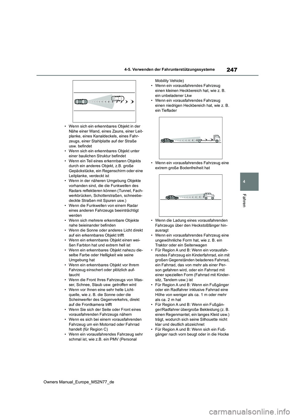 TOYOTA YARIS CROSS 2023  Betriebsanleitungen (in German) 247
4
Owners Manual_Europe_M52N77_de
4-5. Verwenden der Fahrunterstützungssysteme
Fahren
• Wenn sich ein erkennbares Objekt in der  Nähe einer Wand, eines Zauns, einer Leit-planke, eines Kanaldeck