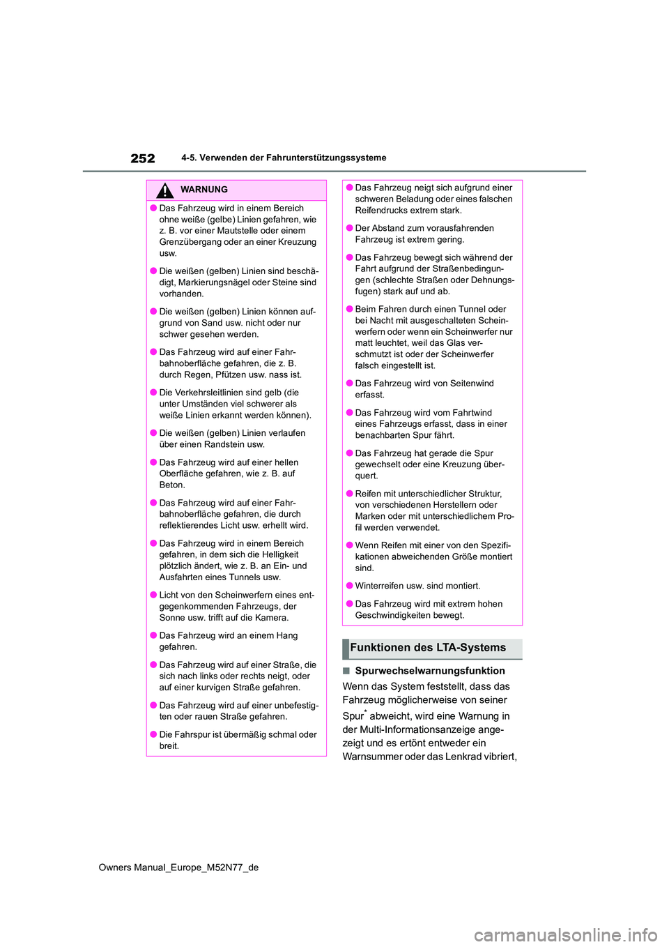 TOYOTA YARIS CROSS 2023  Betriebsanleitungen (in German) 252
Owners Manual_Europe_M52N77_de
4-5. Verwenden der Fahrunterstützungssysteme
■Spurwechselwarnungsfunktion 
Wenn das System feststellt, dass das  
Fahrzeug möglicherweise von seiner  
Spur* abwe