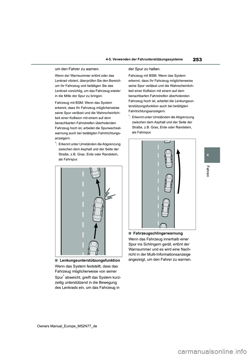 TOYOTA YARIS CROSS 2023  Betriebsanleitungen (in German) 253
4
Owners Manual_Europe_M52N77_de
4-5. Verwenden der Fahrunterstützungssysteme
Fahren
um den Fahrer zu warnen.
Wenn der Warnsummer ertönt oder das  
Lenkrad vibriert, überprüfen Sie den Bereich