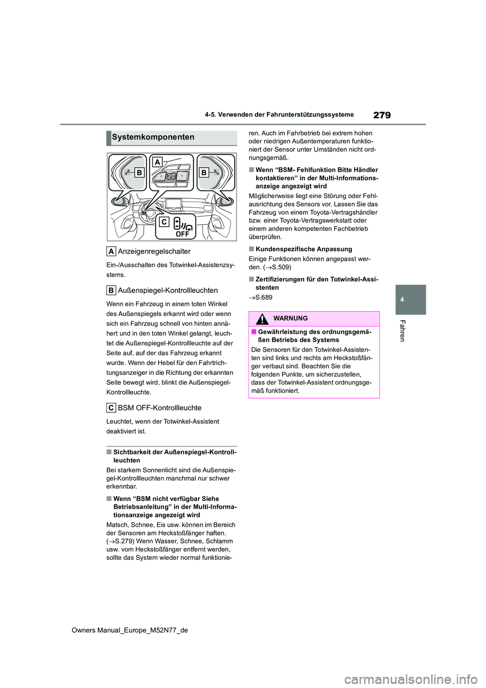 TOYOTA YARIS CROSS 2023  Betriebsanleitungen (in German) 279
4
Owners Manual_Europe_M52N77_de
4-5. Verwenden der Fahrunterstützungssysteme
Fahren
Anzeigenregelschalter
Ein-/Ausschalten des Totwinkel-Assistenzsy- 
stems.
Außenspiegel-Kontrollleuchten
Wenn 