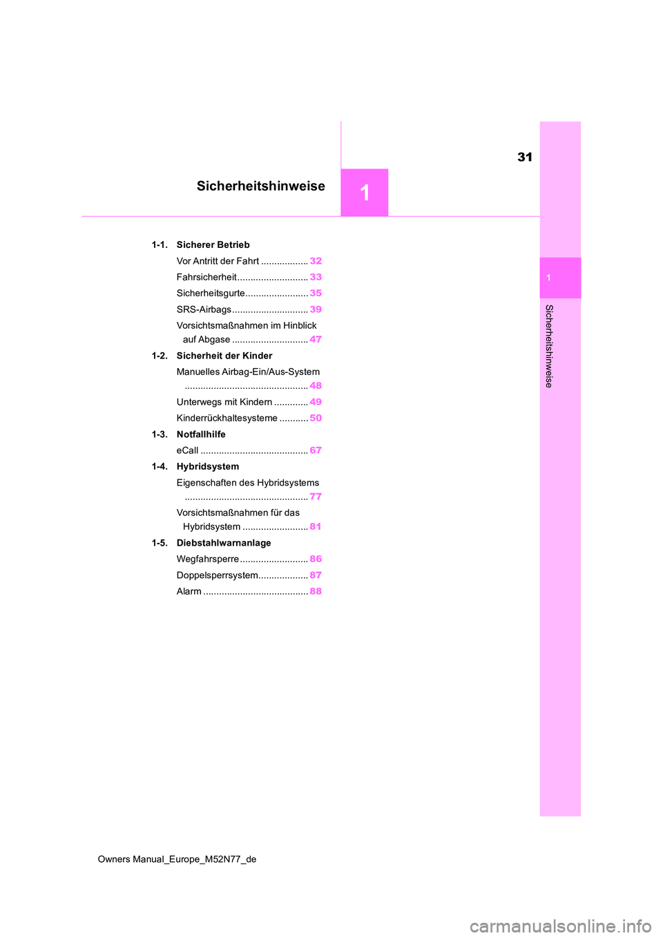 TOYOTA YARIS CROSS 2023  Betriebsanleitungen (in German) 1
31
Owners Manual_Europe_M52N77_de
1
Sicherheitshinweise
Sicherheitshinweise
1-1. Sicherer Betrieb 
Vor Antritt der Fahrt .................. 32 
Fahrsicherheit ........................... 33 
Sicherh