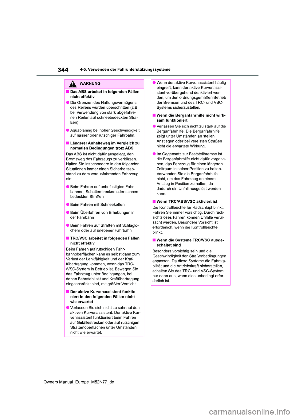 TOYOTA YARIS CROSS 2023  Betriebsanleitungen (in German) 344
Owners Manual_Europe_M52N77_de
4-5. Verwenden der Fahrunterstützungssysteme
WARNUNG
■Das ABS arbeitet in folgenden Fällen  
nicht effektiv
●Die Grenzen des Haftungsvermögens  des Reifens wu