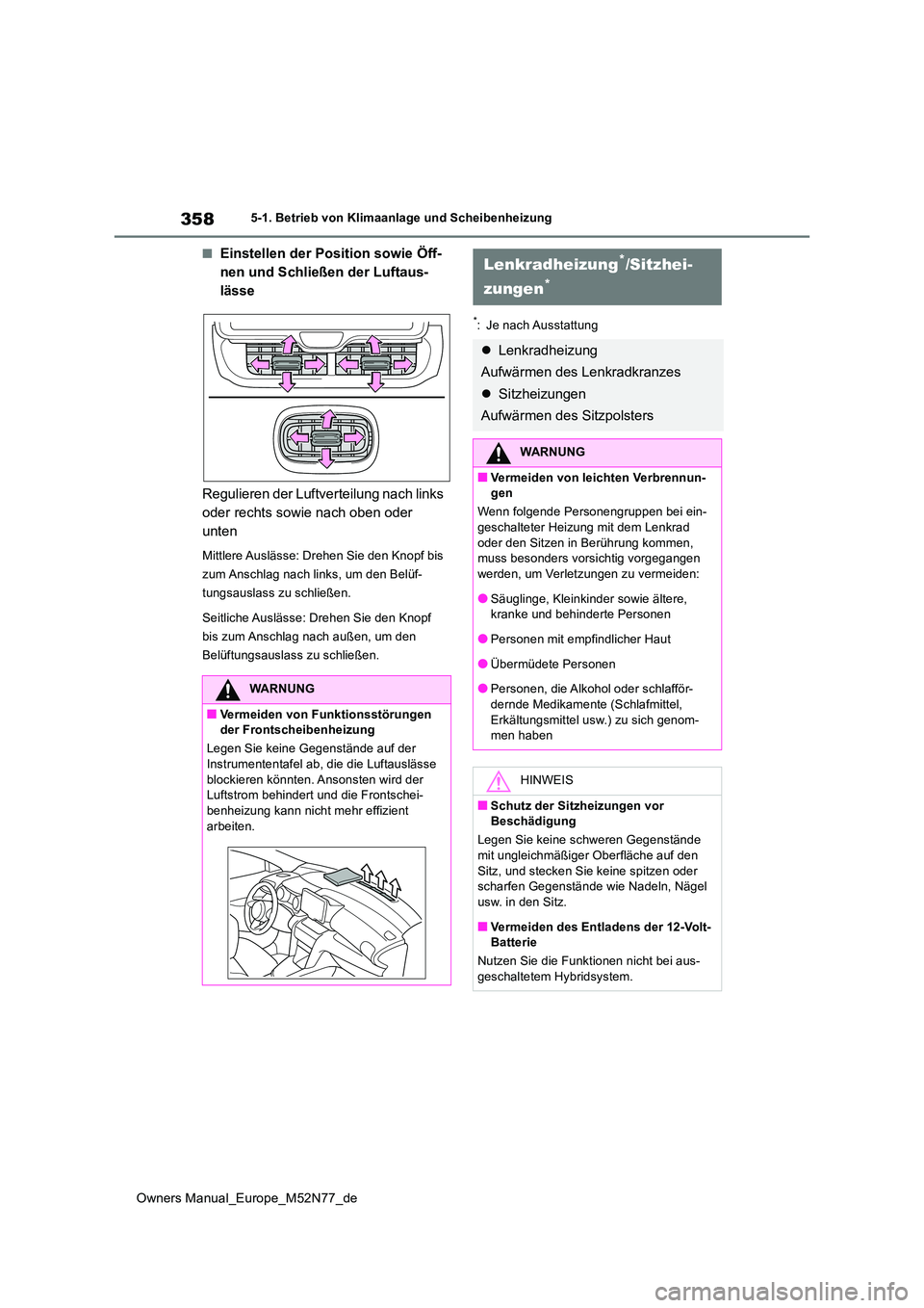 TOYOTA YARIS CROSS 2023  Betriebsanleitungen (in German) 358
Owners Manual_Europe_M52N77_de
5-1. Betrieb von Klimaanlage und Scheibenheizung
■Einstellen der Position sowie Öff- 
nen und Schließen der Luftaus-
lässe 
Regulieren der Luftverteilung nach l