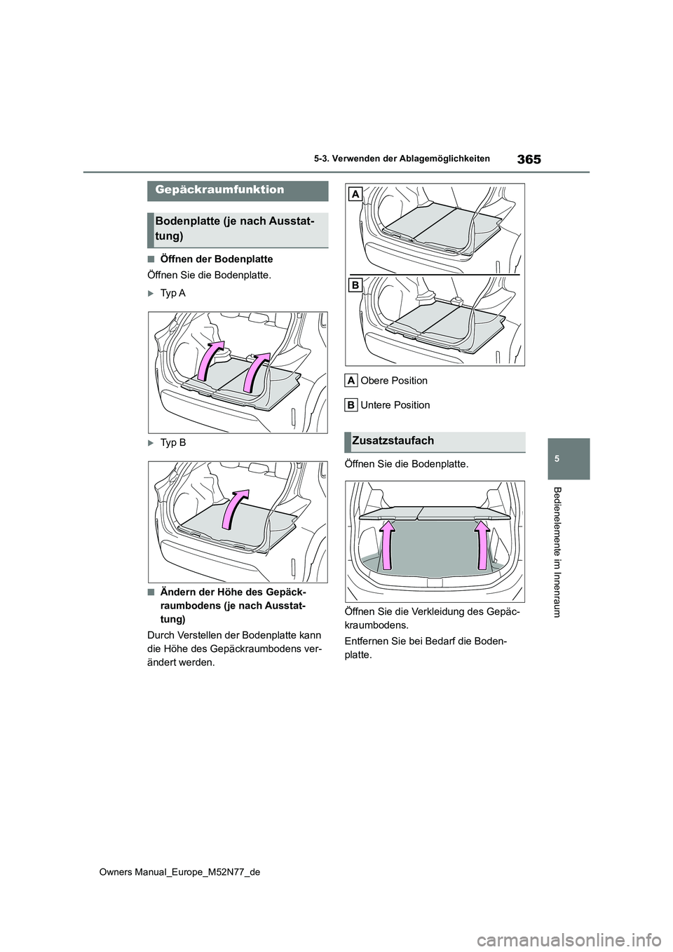 TOYOTA YARIS CROSS 2023  Betriebsanleitungen (in German) 365
5
Owners Manual_Europe_M52N77_de
5-3. Verwenden der Ablagemöglichkeiten
Bedienelemente im Innenraum
■Öffnen der Bodenplatte 
Öffnen Sie die Bodenplatte.
Ty p  A
Ty p   B
■Ändern der 