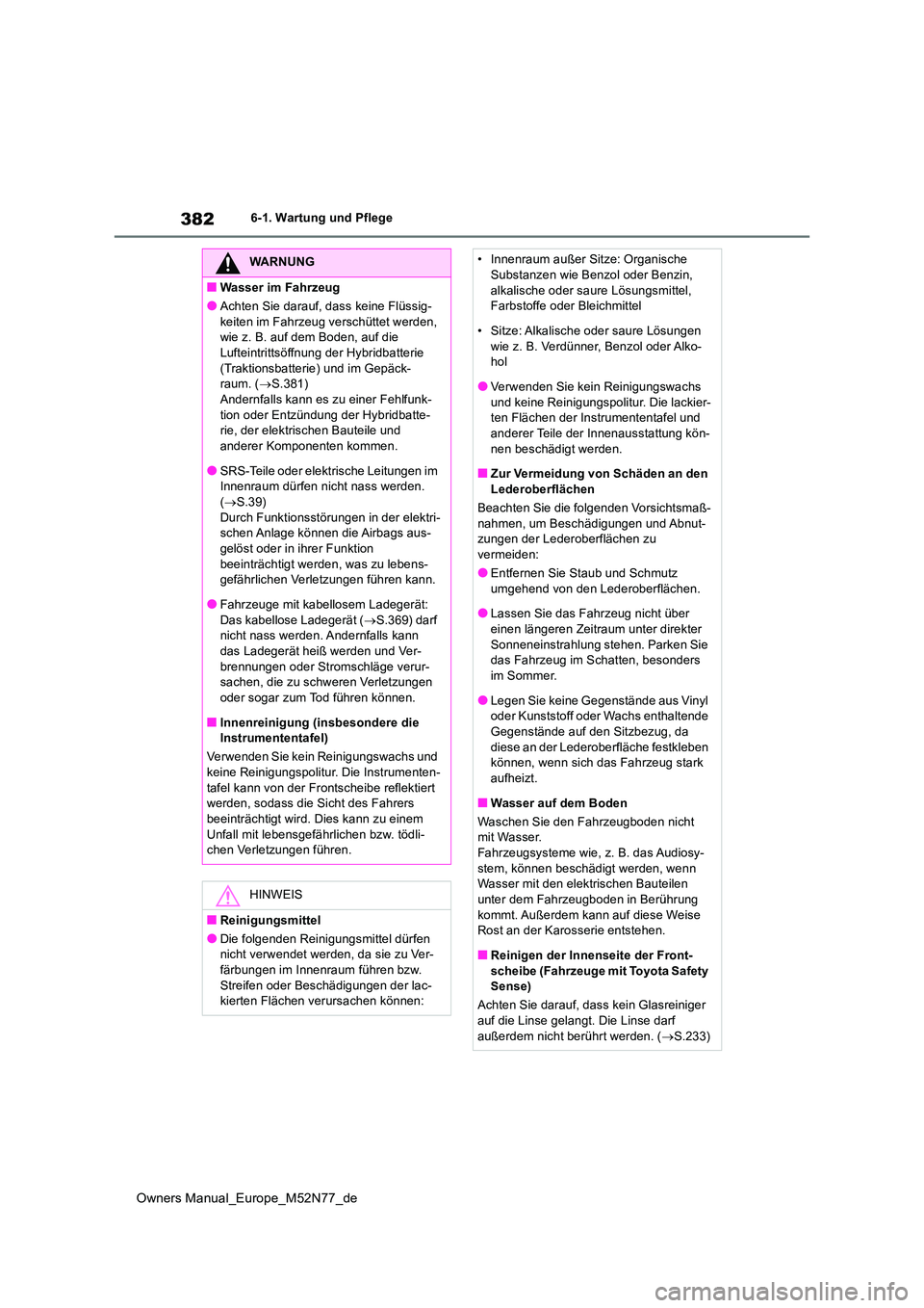 TOYOTA YARIS CROSS 2023  Betriebsanleitungen (in German) 382
Owners Manual_Europe_M52N77_de
6-1. Wartung und Pflege
WARNUNG
■Wasser im Fahrzeug
●Achten Sie darauf, dass keine Flüssig- 
keiten im Fahrzeug verschüttet werden,  wie z. B. auf dem Boden, a