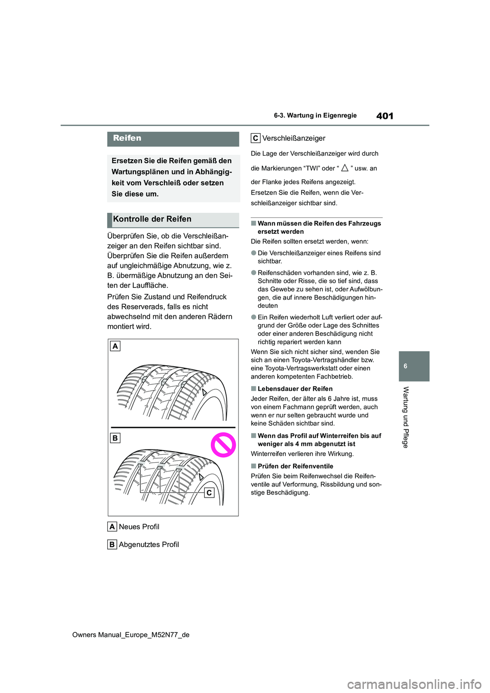 TOYOTA YARIS CROSS 2023  Betriebsanleitungen (in German) 401
6
Owners Manual_Europe_M52N77_de
6-3. Wartung in Eigenregie
Wartung und Pflege
Überprüfen Sie, ob die Verschleißan- 
zeiger an den Reifen sichtbar sind. 
Überprüfen Sie die Reifen außerdem 
