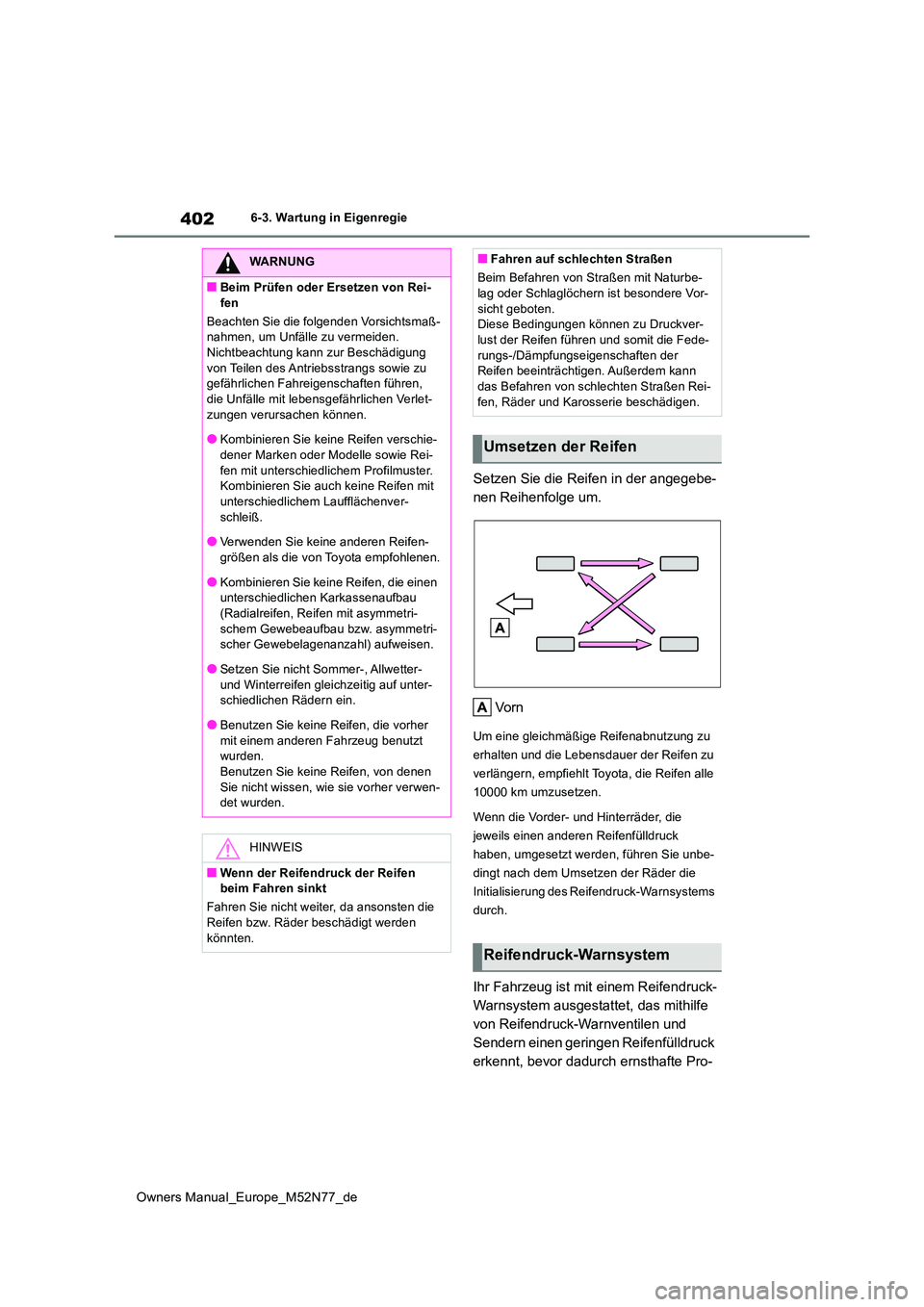TOYOTA YARIS CROSS 2023  Betriebsanleitungen (in German) 402
Owners Manual_Europe_M52N77_de
6-3. Wartung in Eigenregie
Setzen Sie die Reifen in der angegebe- 
nen Reihenfolge um. 
Vo rn
Um eine gleichmäßige Reifenabnutzung zu  
erhalten und die Lebensdaue