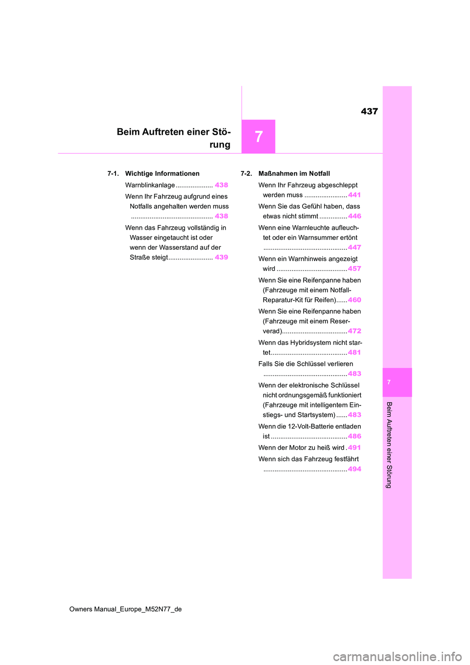 TOYOTA YARIS CROSS 2023  Betriebsanleitungen (in German) 7
437
Owners Manual_Europe_M52N77_de
7
Beim Auftreten einer Störung
Beim Auftreten einer Stö- 
rung
7-1. Wichtige Informationen 
Warnblinkanlage .................... 438 
Wenn Ihr Fahrzeug aufgrund 