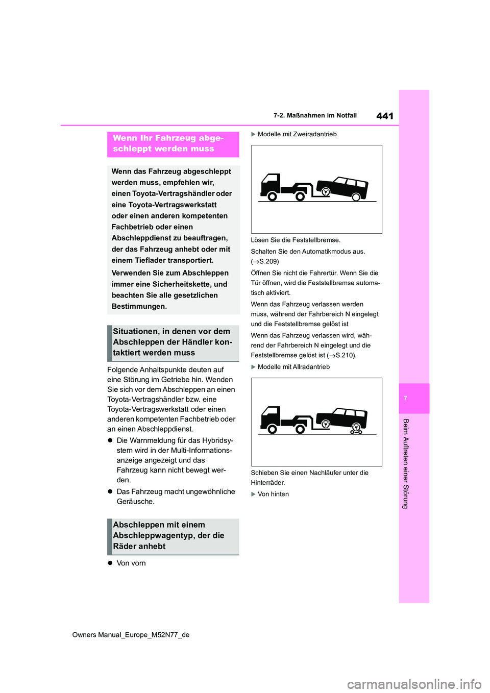 TOYOTA YARIS CROSS 2023  Betriebsanleitungen (in German) 441
7
Owners Manual_Europe_M52N77_de
7-2. Maßnahmen im Notfall
Beim Auftreten einer Störung
7-2.Maßna hmen im Notfall
Folgende Anhaltspunkte deuten auf  
eine Störung im Getriebe hin. Wenden 
Sie 