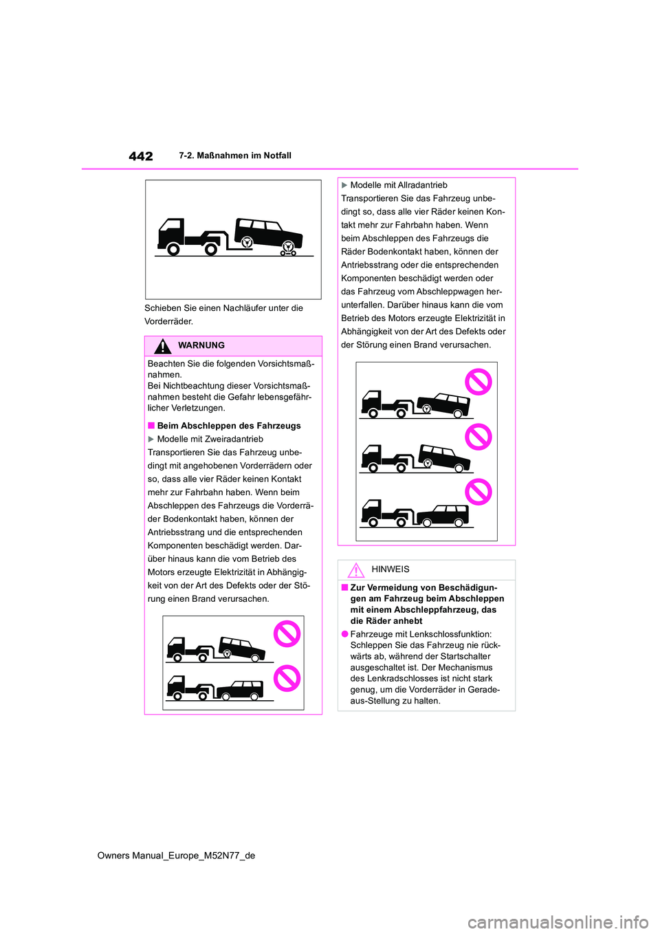 TOYOTA YARIS CROSS 2023  Betriebsanleitungen (in German) 442
Owners Manual_Europe_M52N77_de
7-2. Maßnahmen im Notfall 
Schieben Sie einen Nachläufer unter die  
Vorderräder.
WARNUNG
Beachten Sie die folgenden Vorsichtsmaß- nahmen.Bei Nichtbeachtung dies