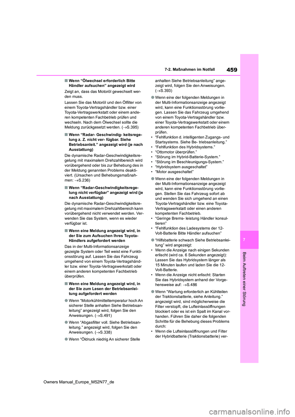 TOYOTA YARIS CROSS 2023  Betriebsanleitungen (in German) 459
7
Owners Manual_Europe_M52N77_de
7-2. Maßnahmen im Notfall
Beim Auftreten einer Störung
■Wenn “Ölwechsel erforderlich Bitte  Händler aufsuchen” angezeigt wird 
Zeigt an, dass das Motorö