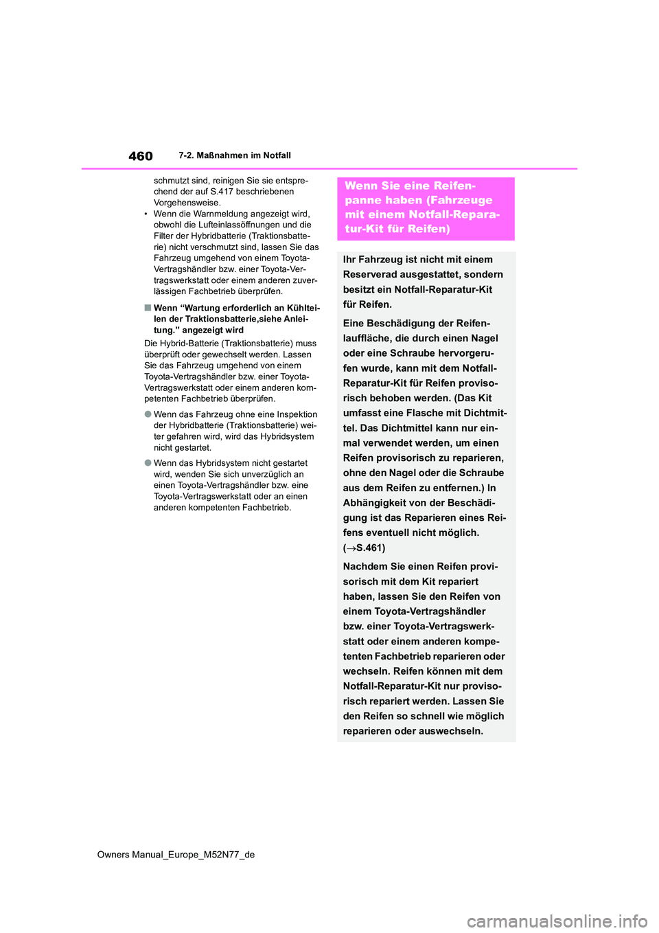 TOYOTA YARIS CROSS 2023  Betriebsanleitungen (in German) 460
Owners Manual_Europe_M52N77_de
7-2. Maßnahmen im Notfall 
schmutzt sind, reinigen Sie sie entspre- chend der auf S.417 beschriebenen Vorgehensweise. 
• Wenn die Warnmeldung angezeigt wird,  obw