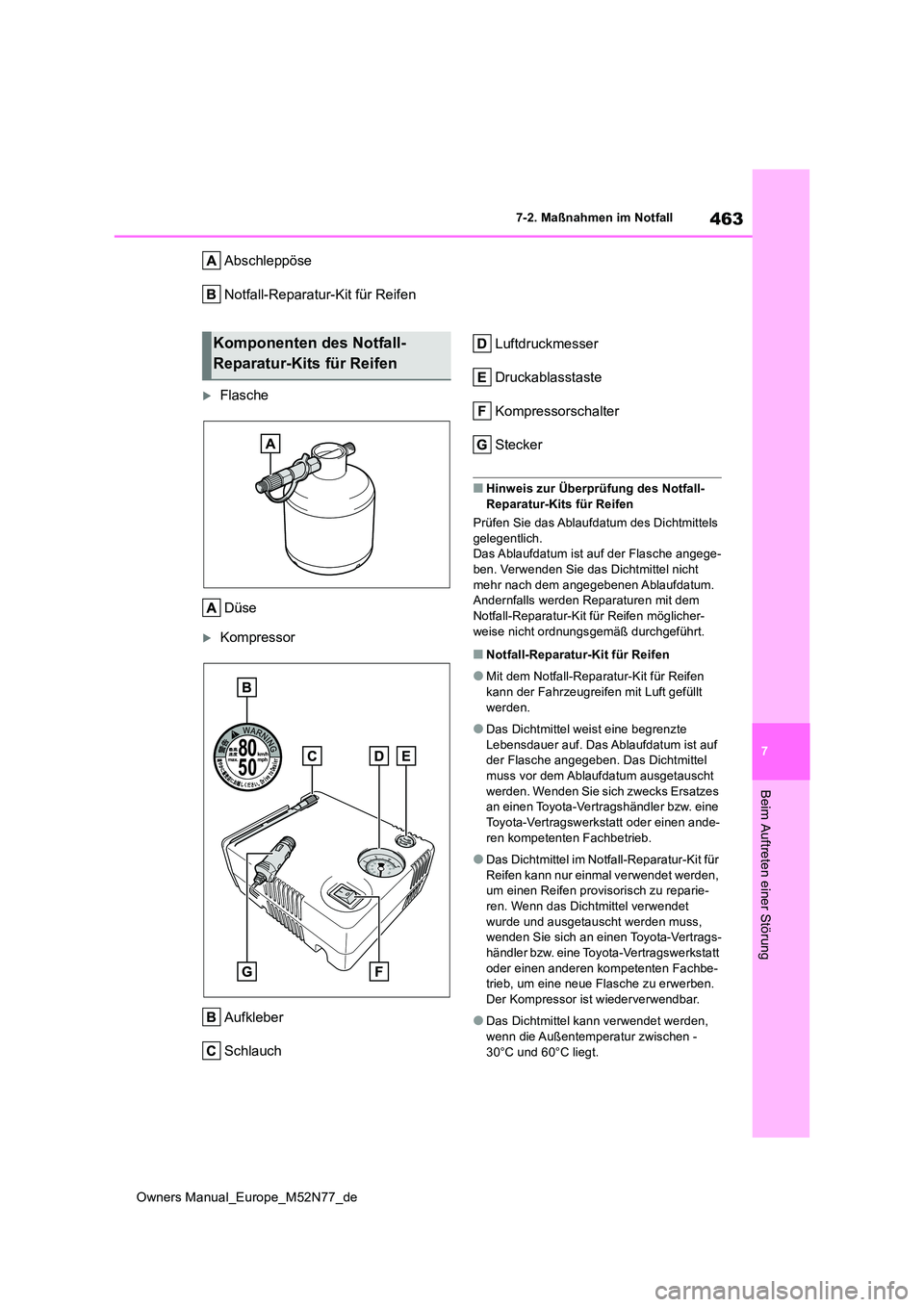 TOYOTA YARIS CROSS 2023  Betriebsanleitungen (in German) 463
7
Owners Manual_Europe_M52N77_de
7-2. Maßnahmen im Notfall
Beim Auftreten einer Störung
Abschleppöse 
Notfall-Reparatur-Kit für Reifen
Flasche 
Düse
Kompressor 
Aufkleber 
Schlauch 
Luf