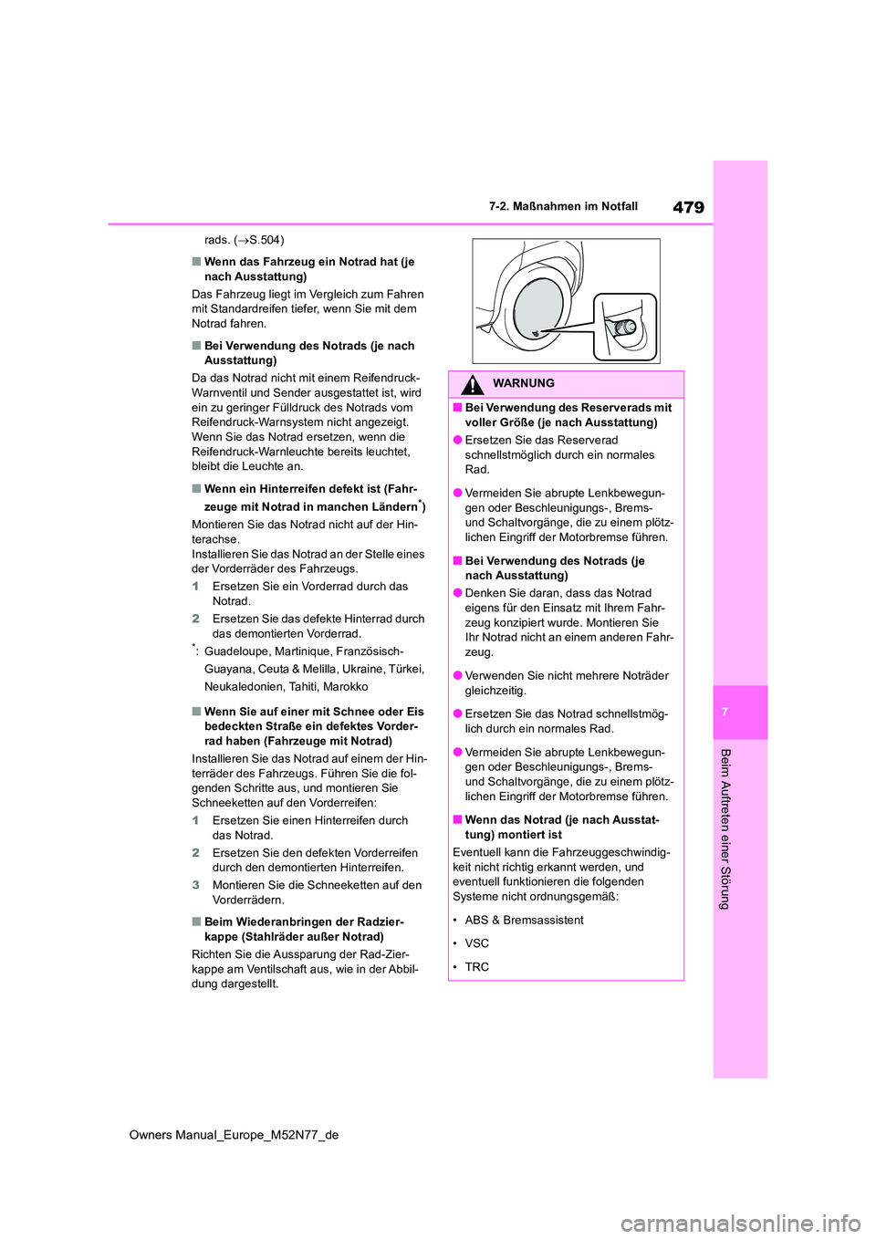 TOYOTA YARIS CROSS 2023  Betriebsanleitungen (in German) 479
7
Owners Manual_Europe_M52N77_de
7-2. Maßnahmen im Notfall
Beim Auftreten einer Störung
rads. (S.504)
■Wenn das Fahrzeug ein Notrad hat (je  nach Ausstattung) 
Das Fahrzeug liegt im Verglei