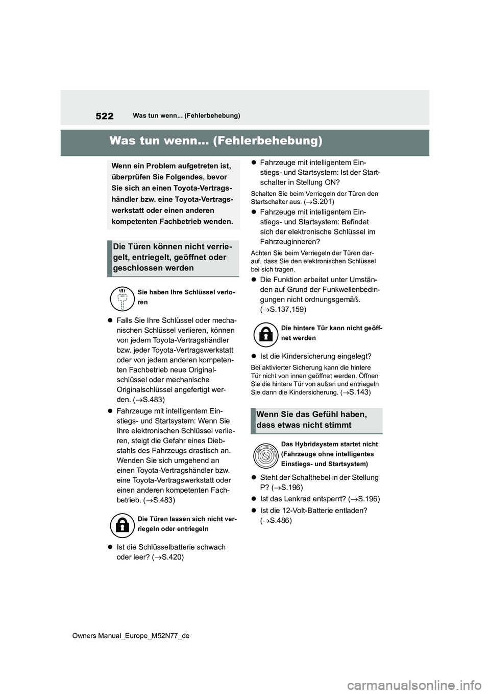 TOYOTA YARIS CROSS 2023  Betriebsanleitungen (in German) 522
Owners Manual_Europe_M52N77_de
Was tun wenn... (Fehlerbehebung)
1-1.Was tun wenn... (Fe hle rbe hebun g)Was tun wenn... (Fehlerbehebung)
Falls Sie Ihre Schlüssel oder mecha- 
nischen Schlüsse