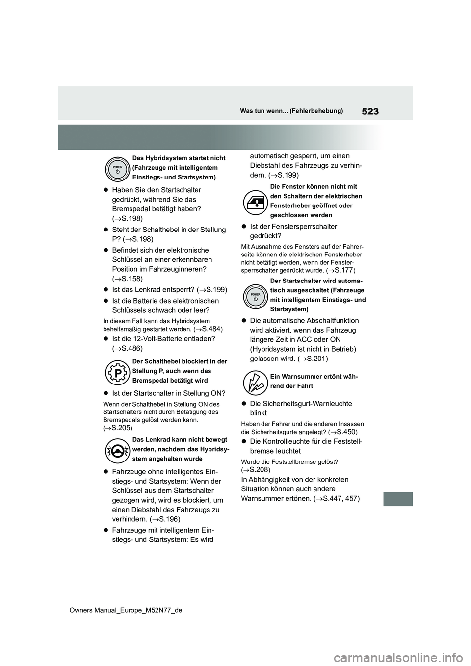 TOYOTA YARIS CROSS 2023  Betriebsanleitungen (in German) 523
Owners Manual_Europe_M52N77_de
Was tun wenn... (Fehlerbehebung)
Haben Sie den Startschalter  
gedrückt, während Sie das 
Bremspedal betätigt haben? 
( S.198) 
 Steht der Schalthebel in