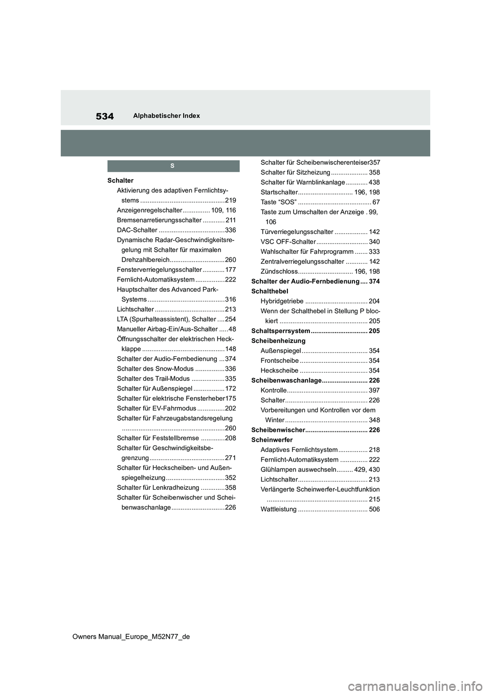 TOYOTA YARIS CROSS 2023  Betriebsanleitungen (in German) 534
Owners Manual_Europe_M52N77_de
Alphabetischer Index
S
Schalter 
Aktivierung des adaptiven Fernlichtsy-
stems .............................................. 219
Anzeigenregelschalter...............