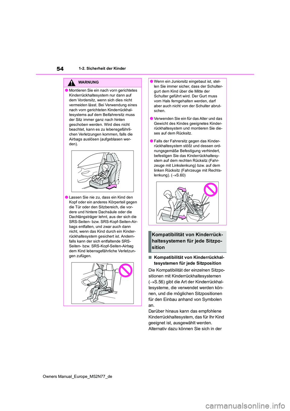 TOYOTA YARIS CROSS 2023  Betriebsanleitungen (in German) 54
Owners Manual_Europe_M52N77_de
1-2. Sicherheit der Kinder
■Kompatibilität von Kinderrückhal- 
tesystemen für jede Sitzposition 
Die Kompatibilität der einzelnen Sitzpo- 
sitionen mit Kinderr