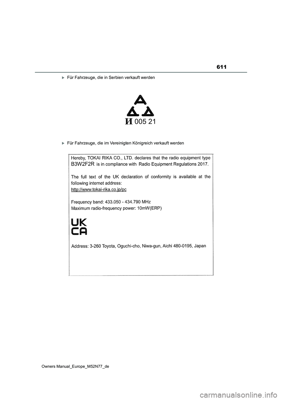 TOYOTA YARIS CROSS 2023  Betriebsanleitungen (in German) 611
Owners Manual_Europe_M52N77_de
Für Fahrzeuge, die in Serbien verkauft werden
Für Fahrzeuge, die im Vereinigten Königreich verkauft werden 