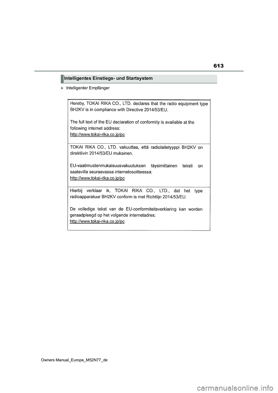 TOYOTA YARIS CROSS 2023  Betriebsanleitungen (in German) 613
Owners Manual_Europe_M52N77_de
Intelligenter Empfänger
Intelligentes Einstiegs- und Startsystem 